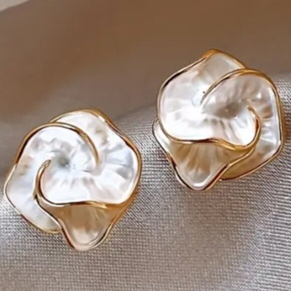 14k Gold Plated Matte White Enamel Petals - White Camellia Earrings - Picture 2 of 4